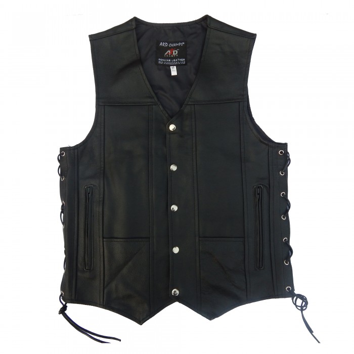 ARD CHAMPS™ Men's Black Genuine Leather 10 Pockets Motorcycle Biker Vest S To 6X